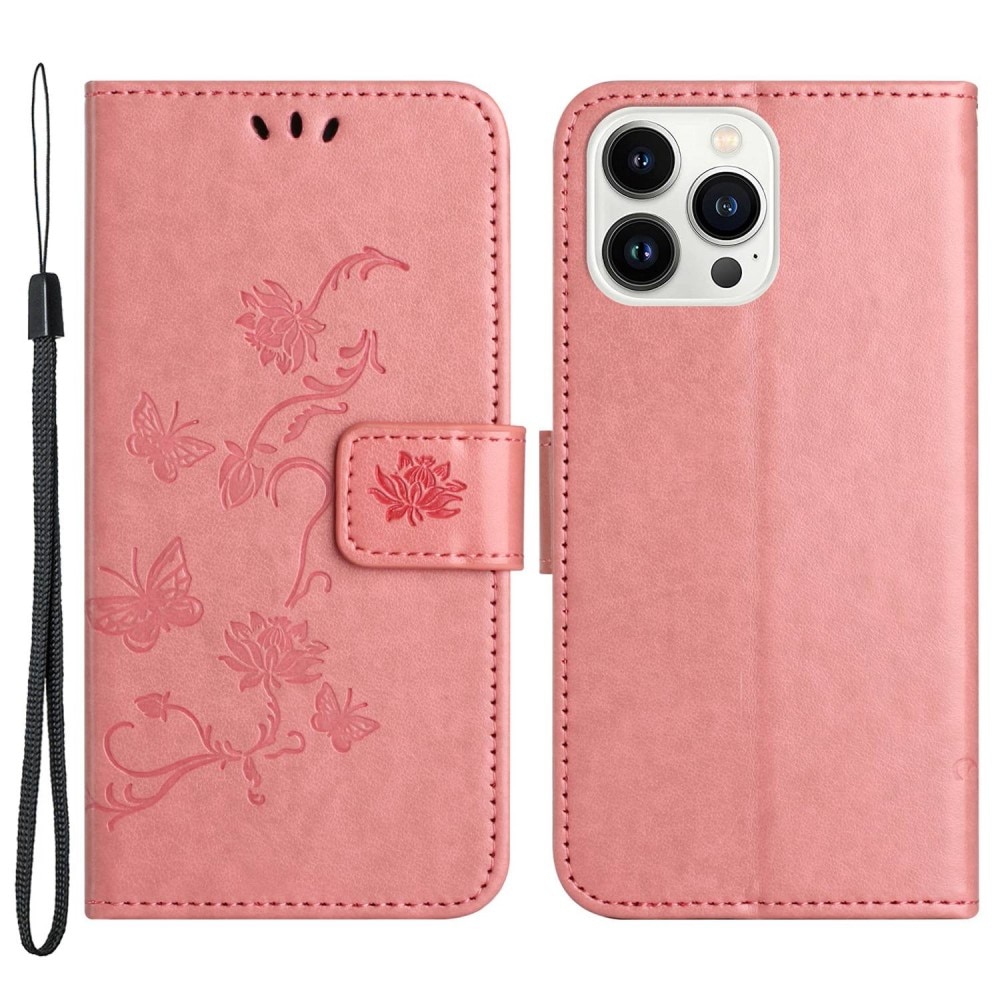iPhone 14 Pro Leather Cover Imprinted Butterflies Pink