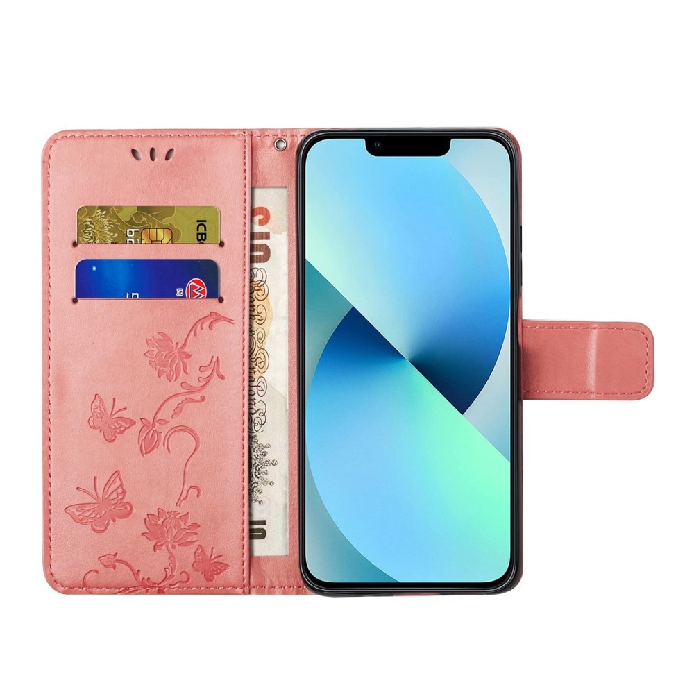 Apple iPhone 14 Pro Leather Cover Imprinted Butterflies Pink