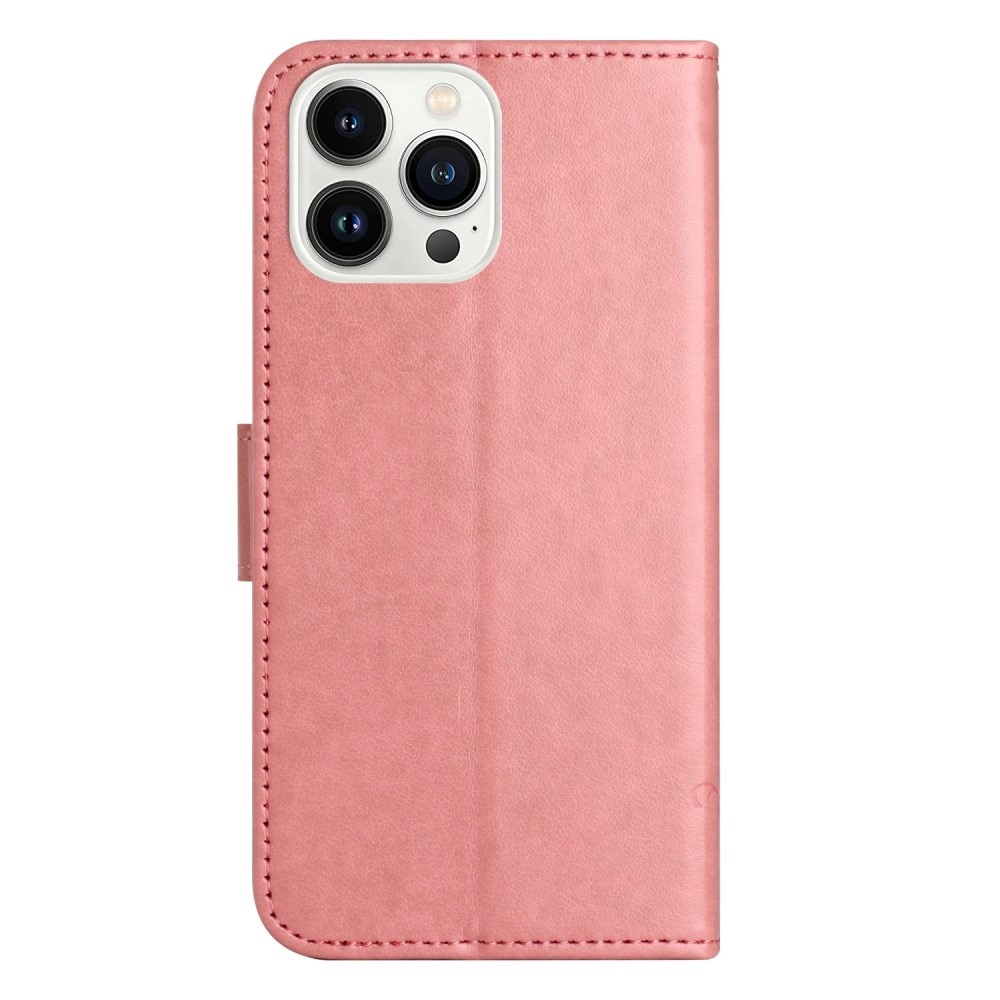 Apple iPhone 14 Pro Leather Cover Imprinted Butterflies Pink
