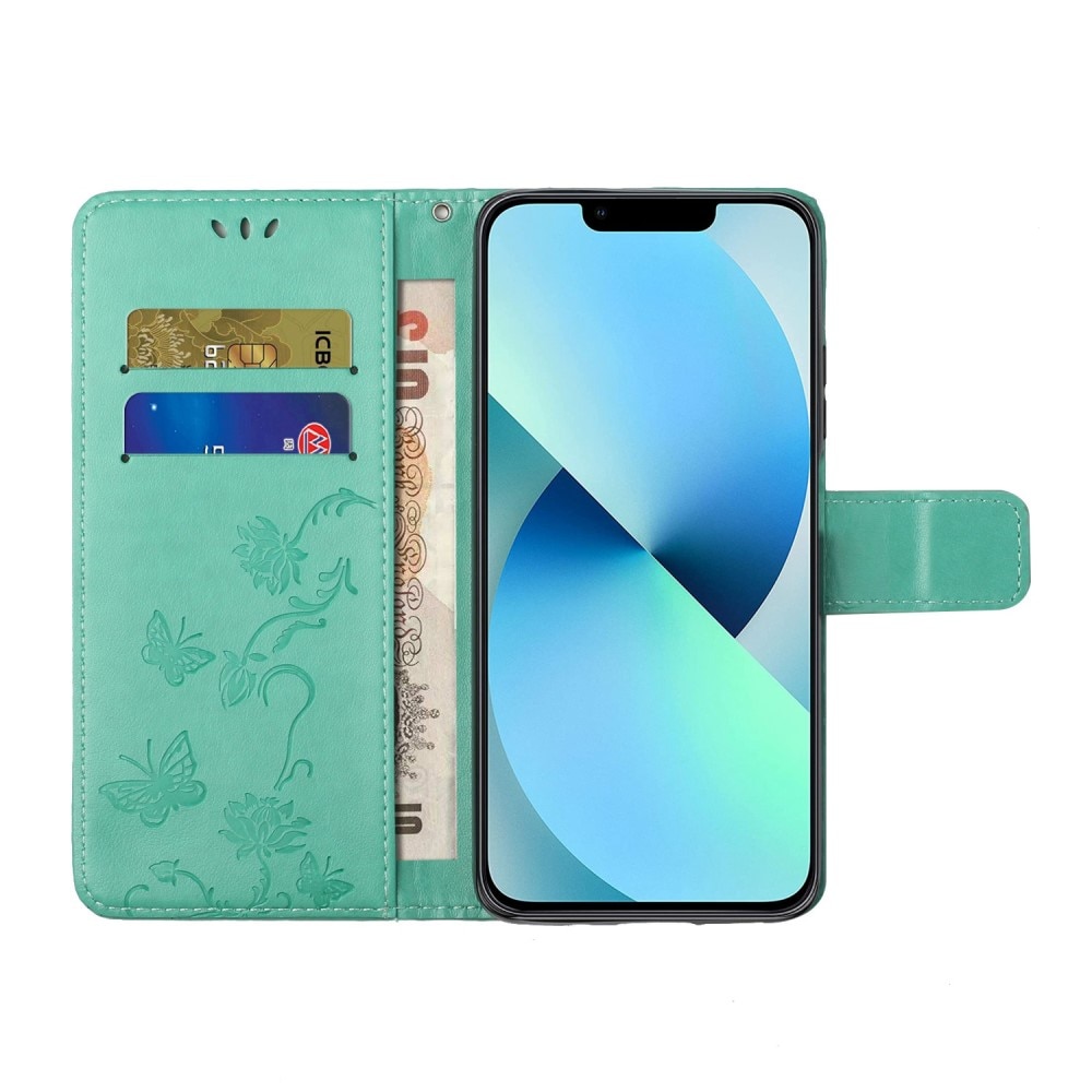 iPhone 14 Plus Leather Cover Imprinted Butterflies Green