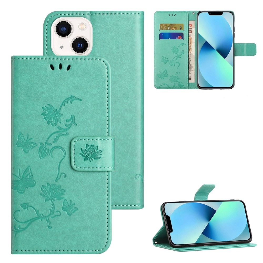 iPhone 14 Leather Cover Imprinted Butterflies Green