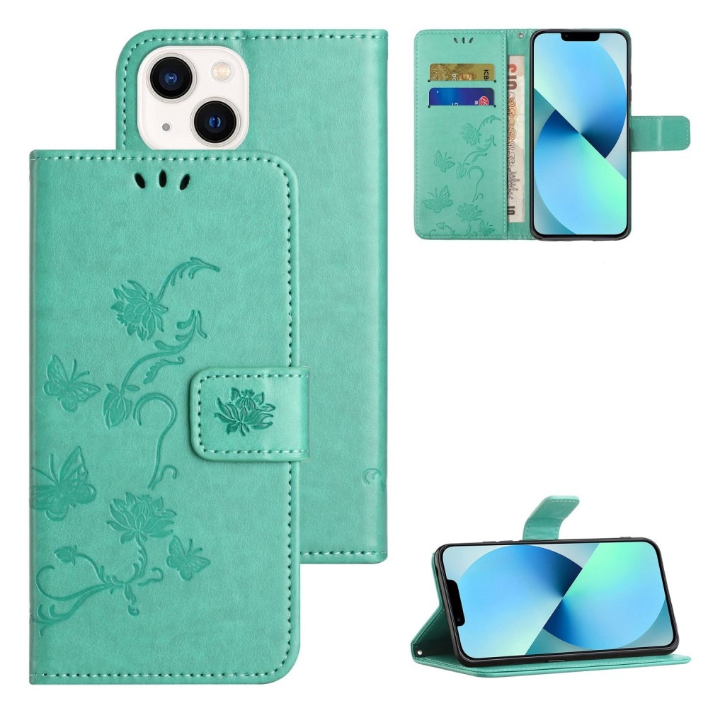 iPhone 14 Plus Leather Cover Imprinted Butterflies Green