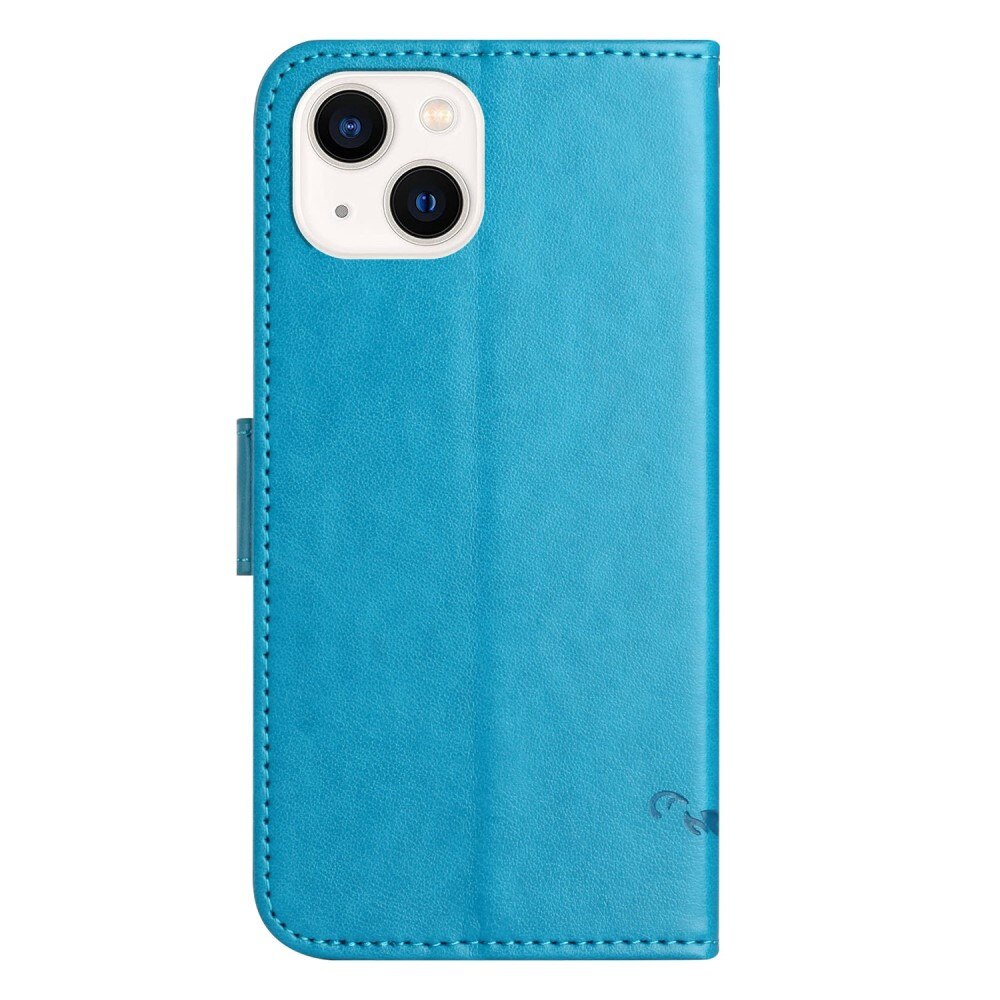 Apple iPhone 14 Plus Leather Cover Imprinted Butterflies Blue