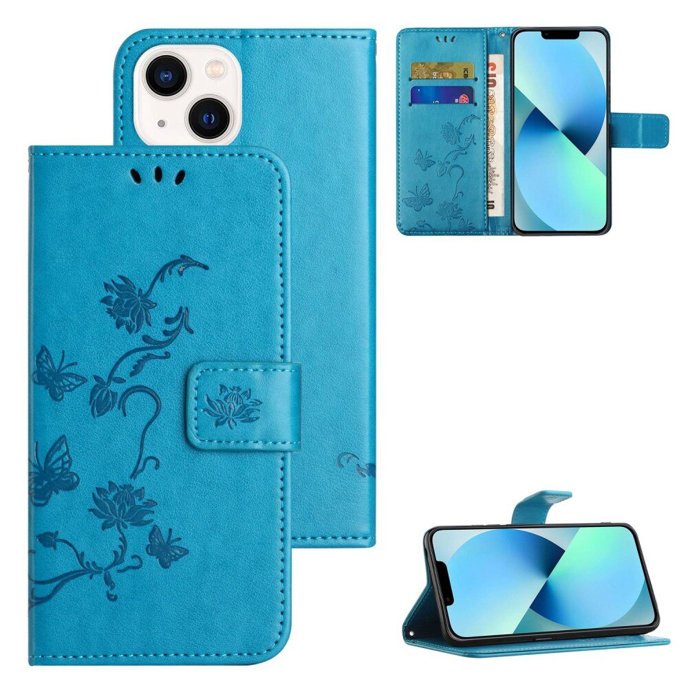 iPhone 14 Leather Cover Imprinted Butterflies Blue