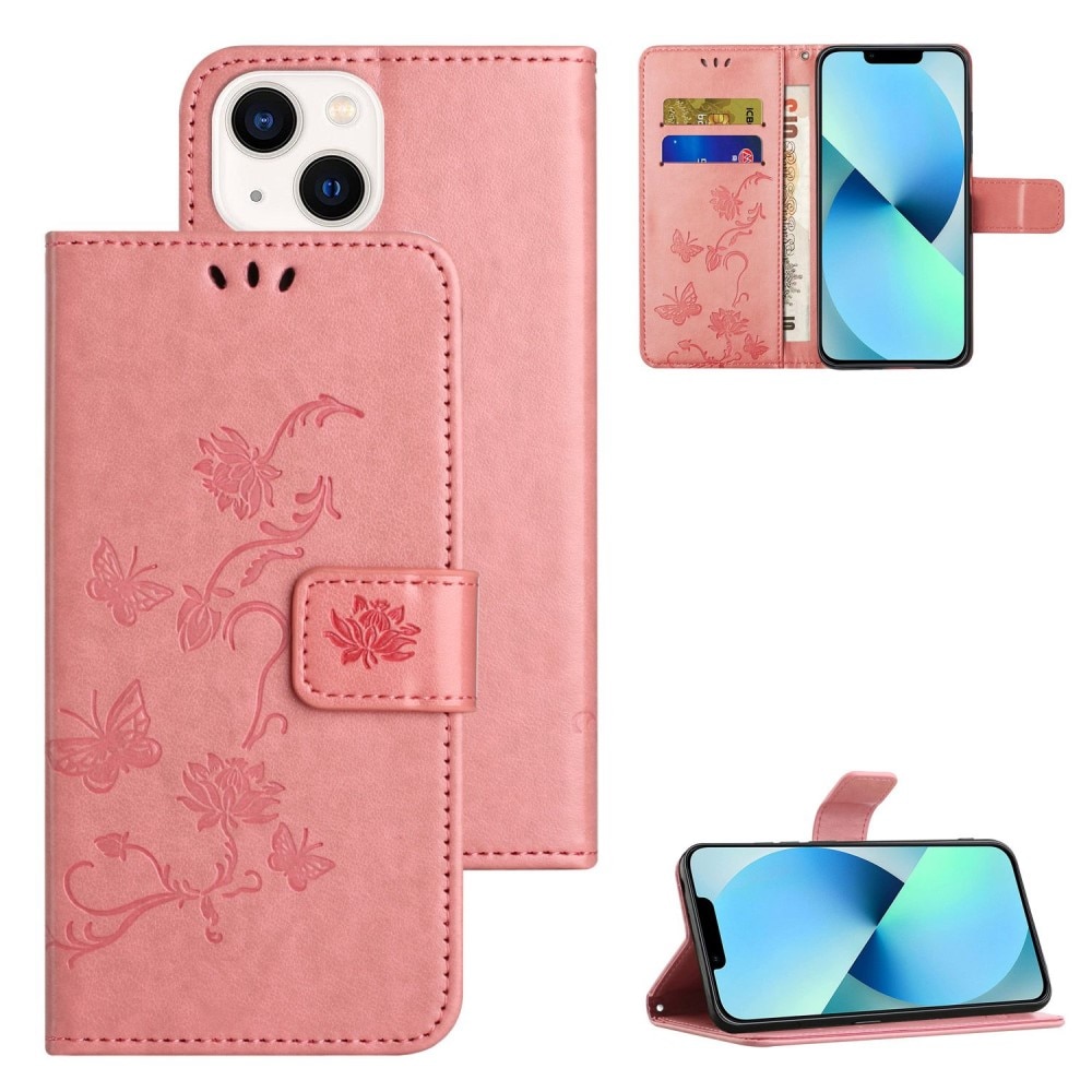 iPhone 14 Leather Cover Imprinted Butterflies Pink