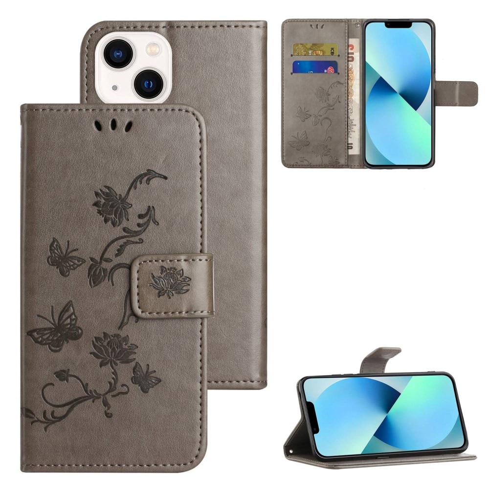 iPhone 14 Leather Cover Imprinted Butterflies Grey