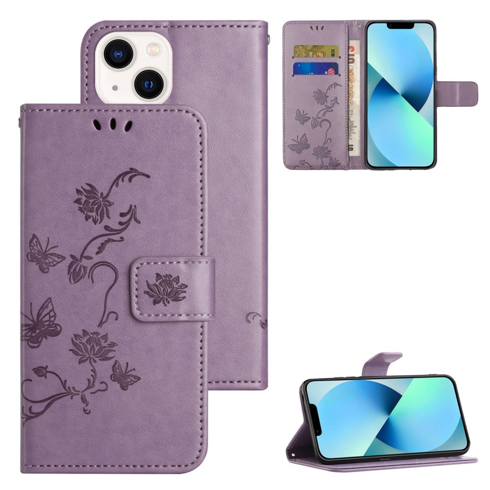 iPhone 14 Leather Cover Imprinted Butterflies Purple
