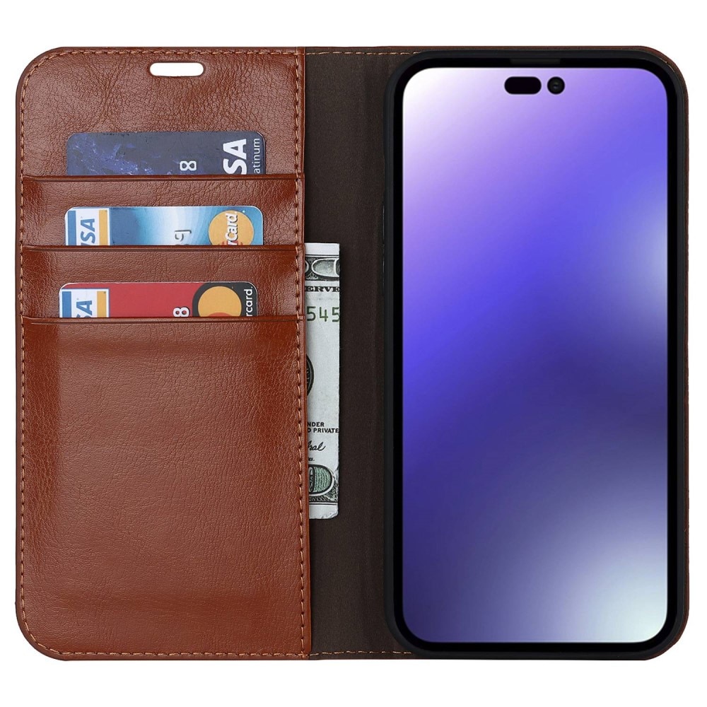 iPhone 14 Pro Max Genuine Leather Wallet Case Brown