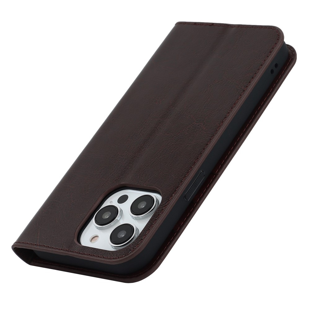 iPhone 14 Pro Genuine Leather Wallet Case Dark Brown