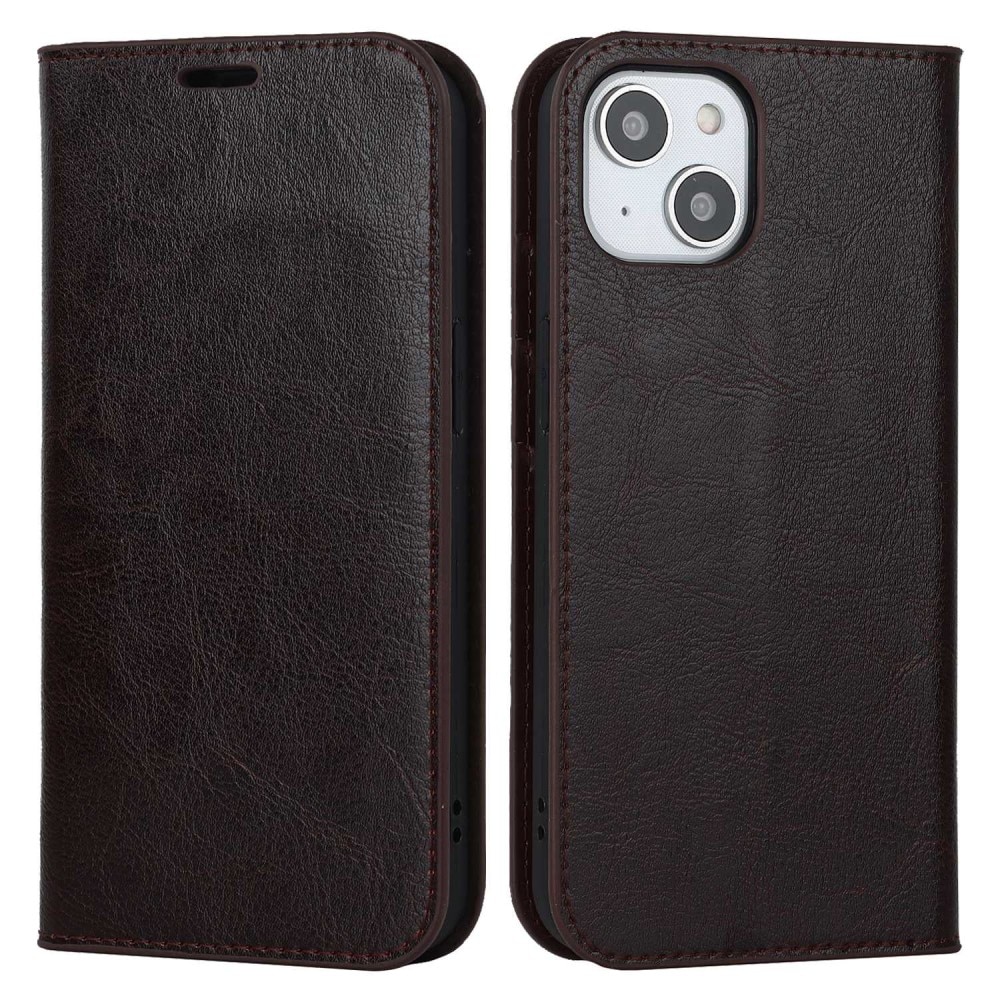 iPhone 14 Genuine Leather Wallet Case Dark Brown