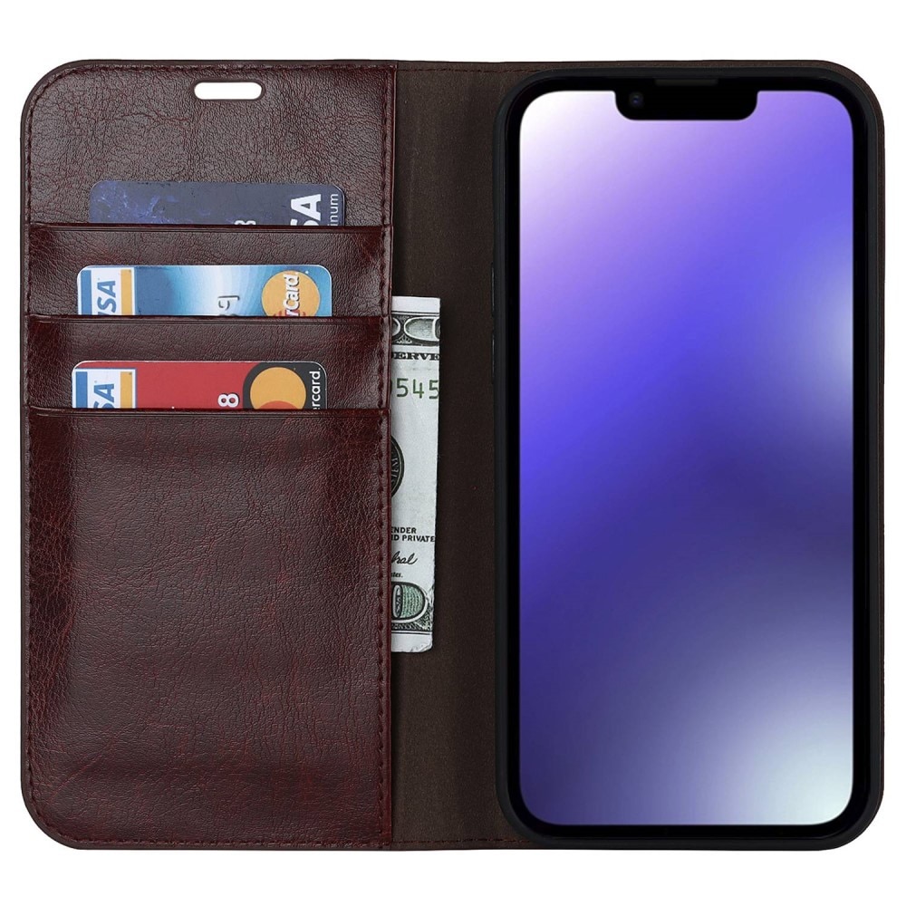 iPhone 14 Genuine Leather Wallet Case Dark Brown