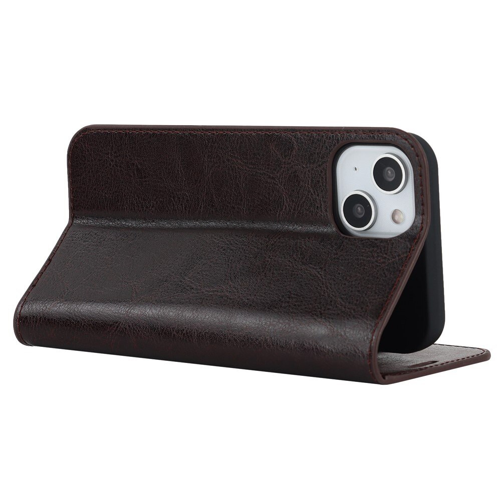 iPhone 14 Genuine Leather Wallet Case Dark Brown