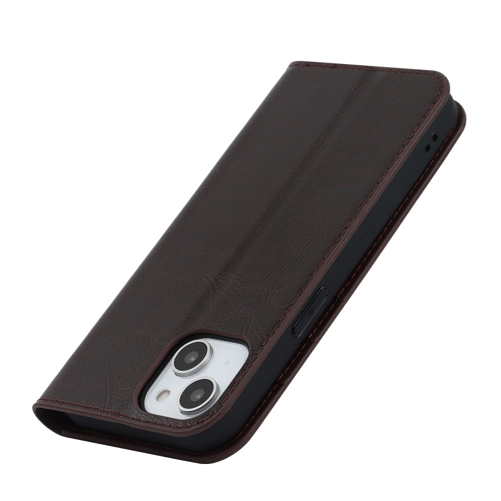 iPhone 14 Genuine Leather Wallet Case Dark Brown