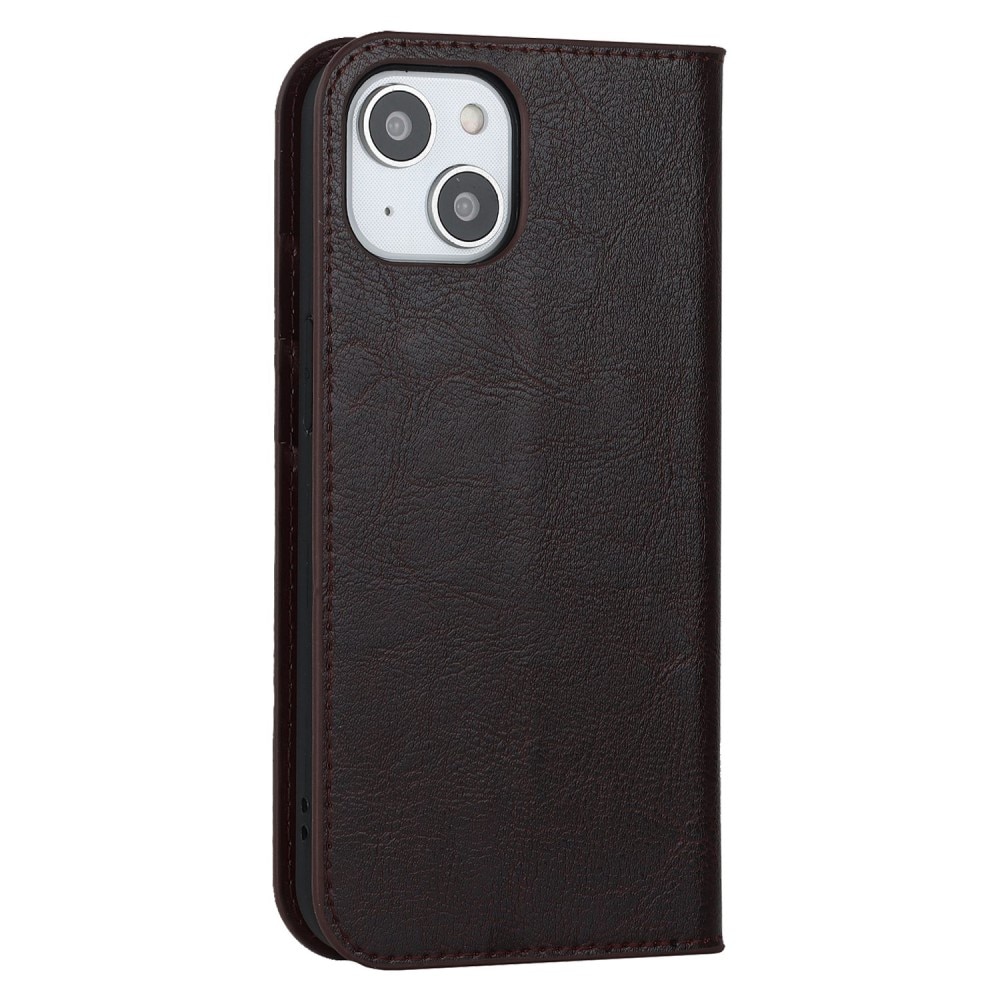 iPhone 14 Genuine Leather Wallet Case Dark Brown