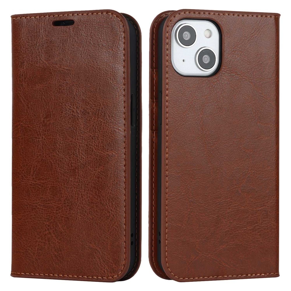 iPhone 14 Genuine Leather Wallet Case Brown