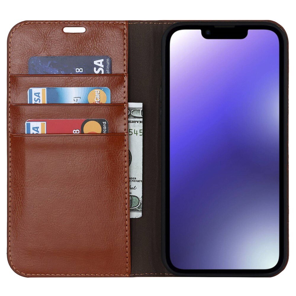 iPhone 14 Genuine Leather Wallet Case Brown