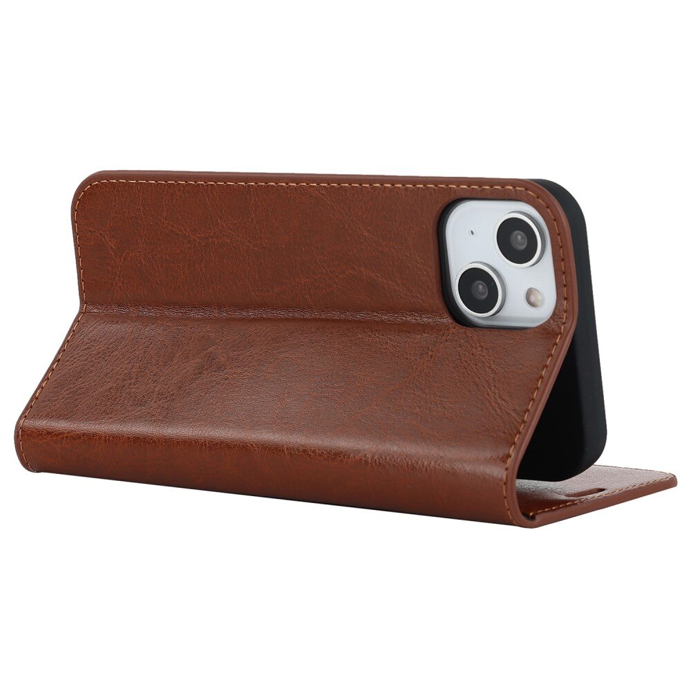 iPhone 14 Genuine Leather Wallet Case Brown