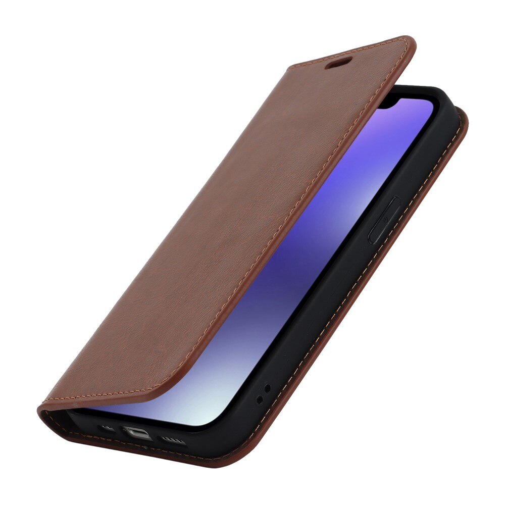 iPhone 14 Genuine Leather Wallet Case Brown