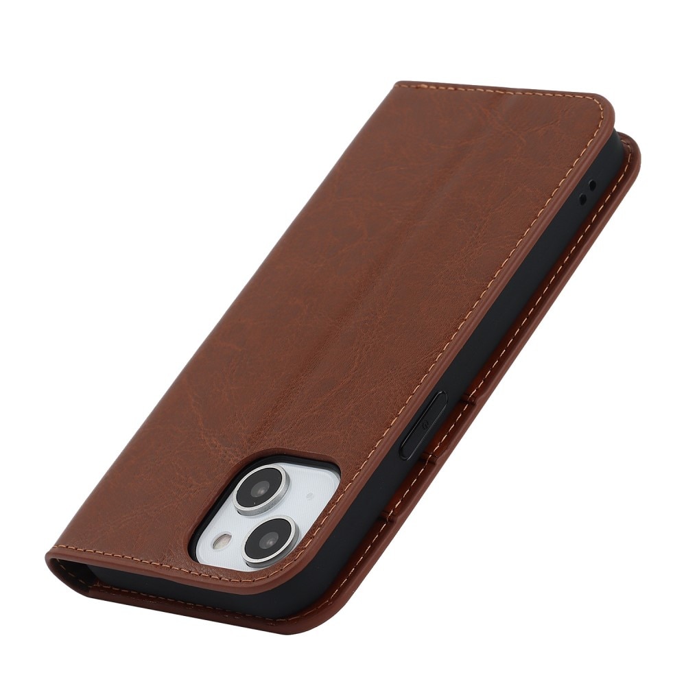 iPhone 14 Genuine Leather Wallet Case Brown