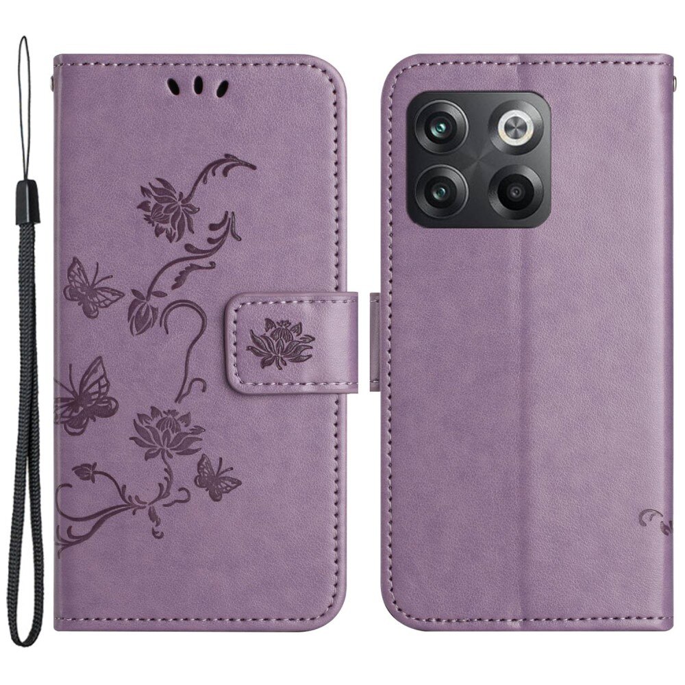 OnePlus 10T Leather Cover Imprinted Butterflies Purple