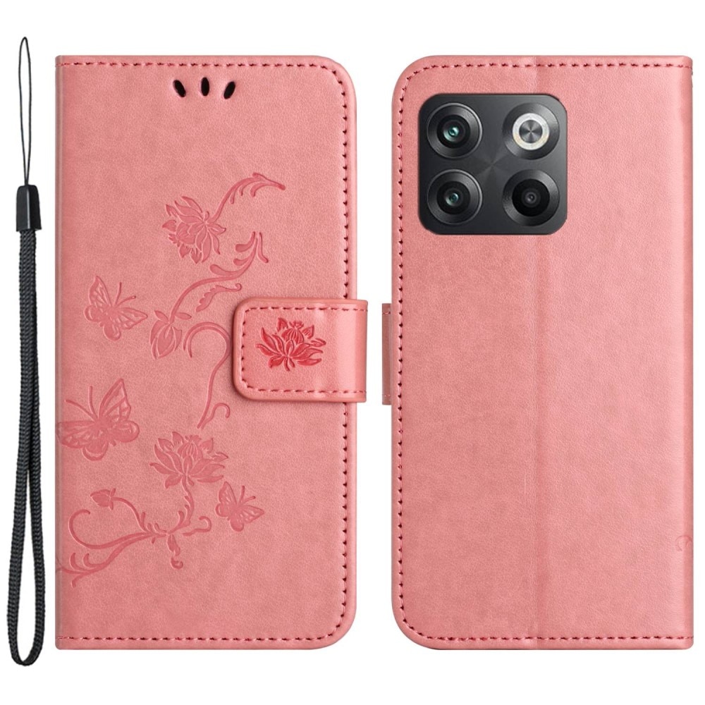 OnePlus 10T Leather Cover Imprinted Butterflies Pink