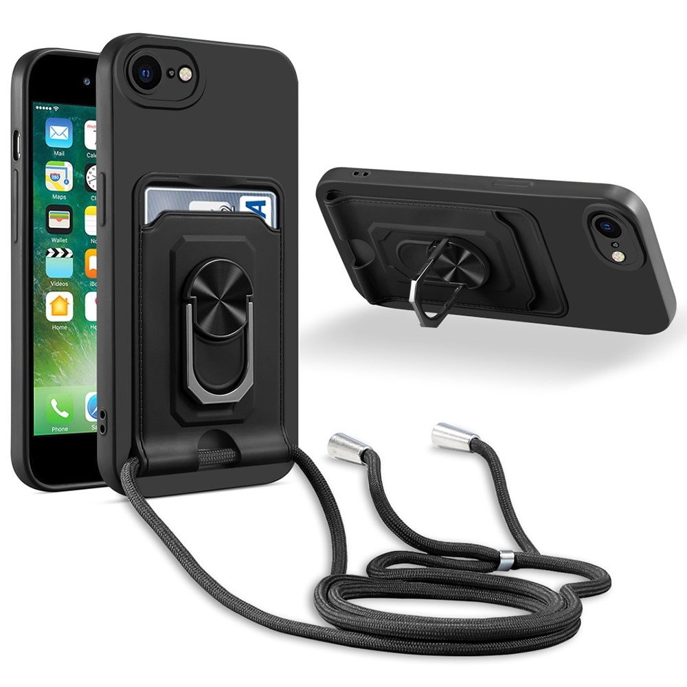 iPhone 7/8/SE Ring+Card Slot+Neck Strap TPU Case Black