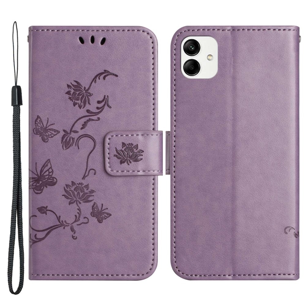 Samsung Galaxy A04 Leather Cover Imprinted Butterflies Purple