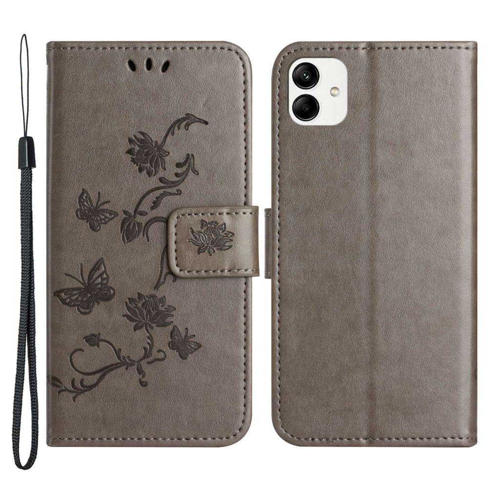 Samsung Galaxy A04 Leather Cover Imprinted Butterflies Grey