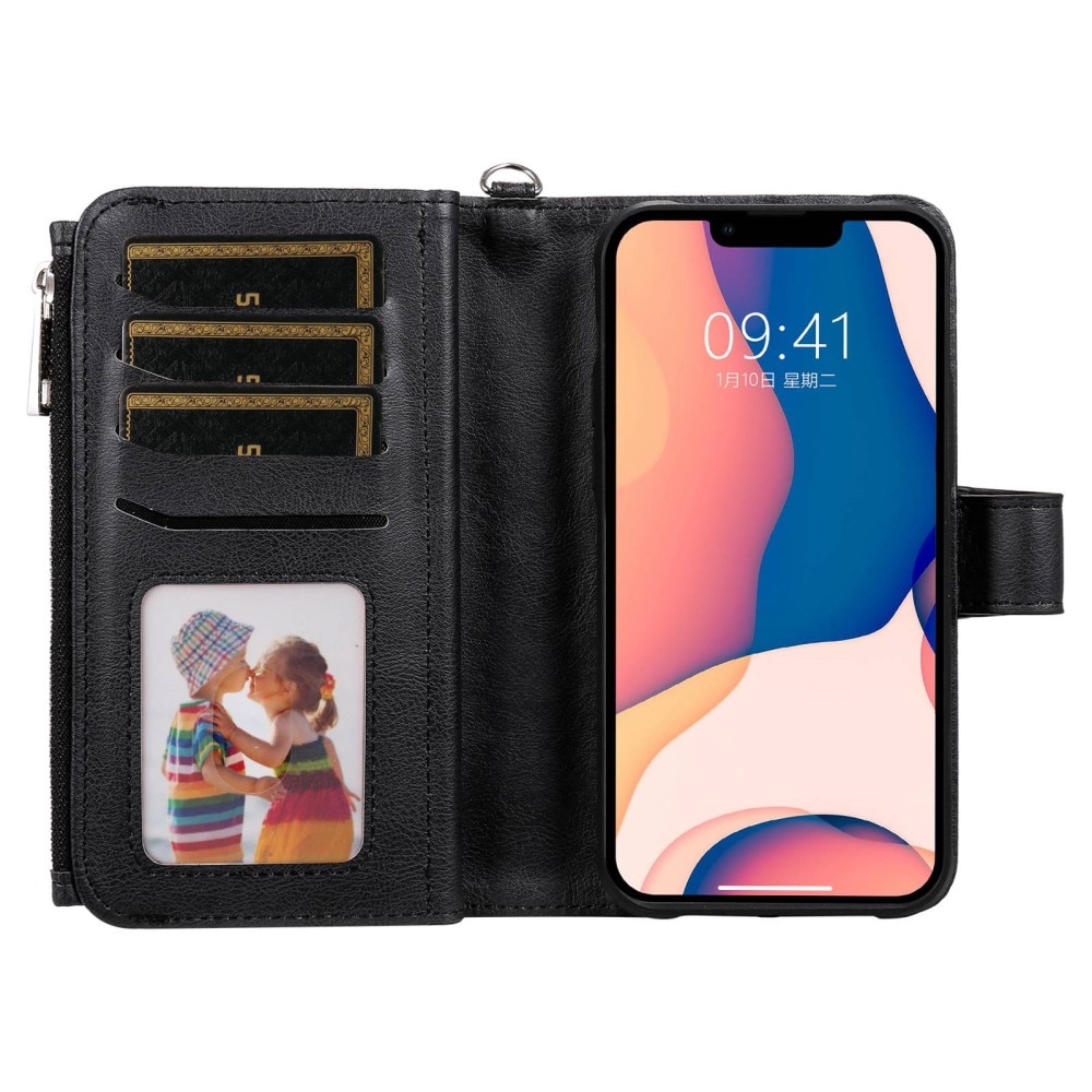 iPhone 14 Plus Zipper Magnet Wallet Black