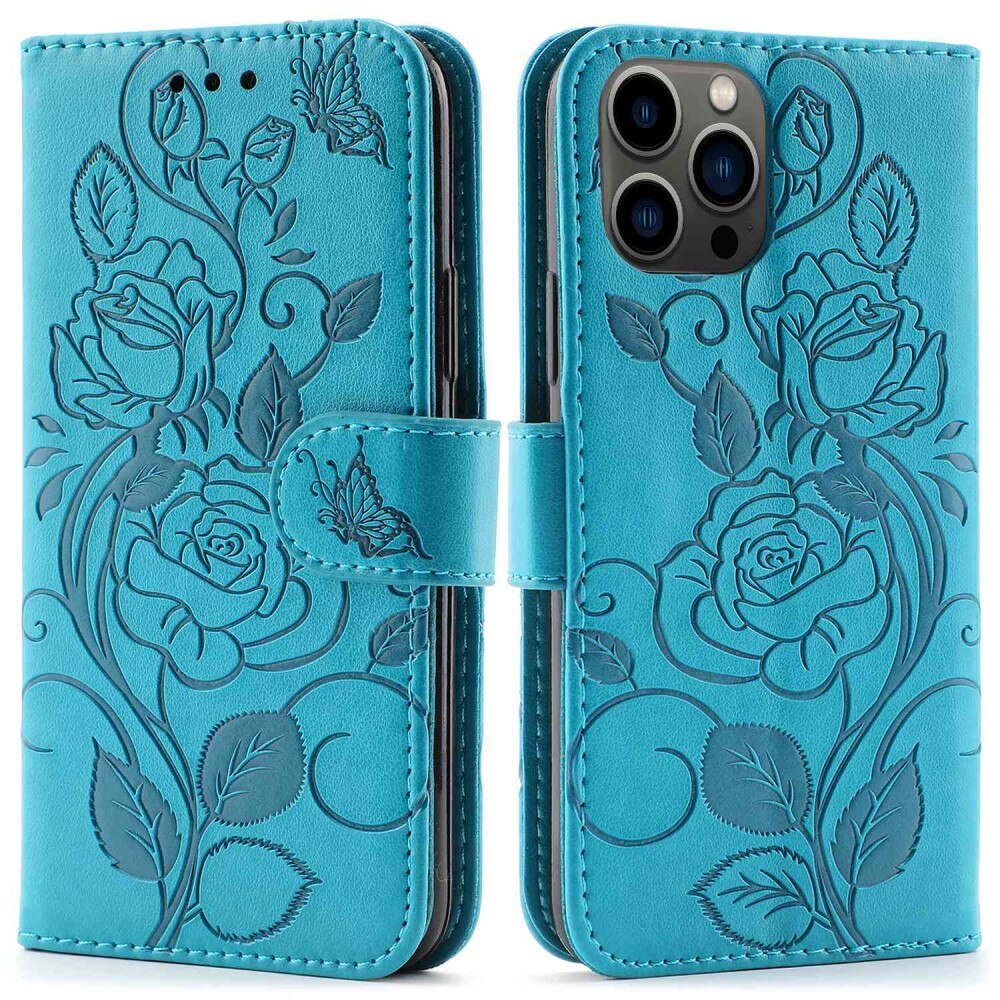 iPhone 12/12 Pro Leather Cover Roses Blue