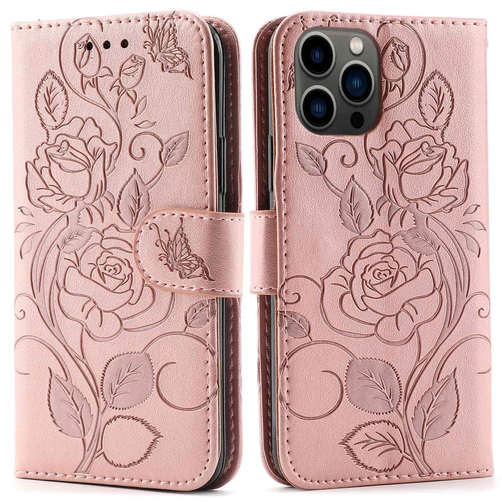 iPhone 12/12 Pro Leather Cover Roses Pink Gold