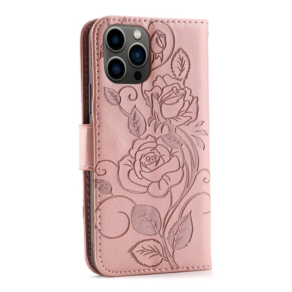 iPhone 12/12 Pro Leather Cover Roses Pink Gold