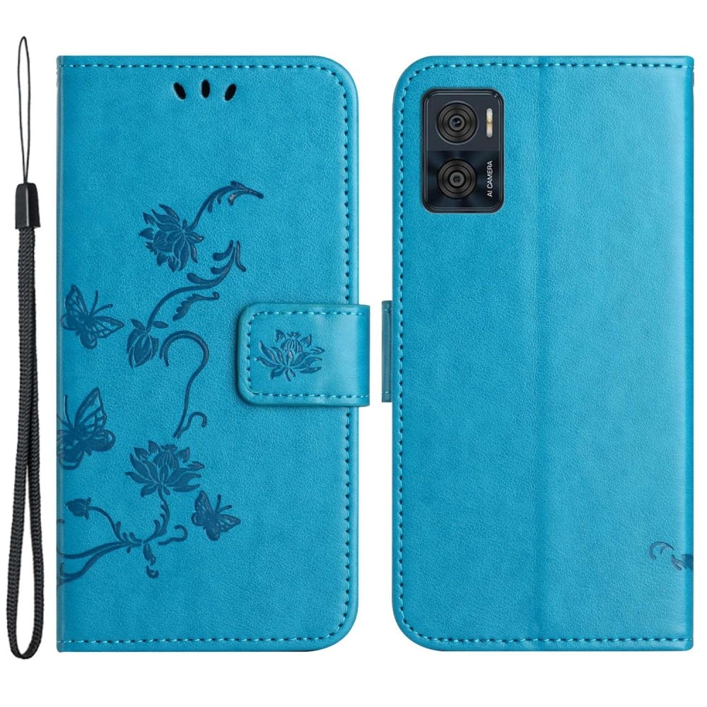 Motorola Moto E22i Leather Cover Imprinted Butterflies Blue