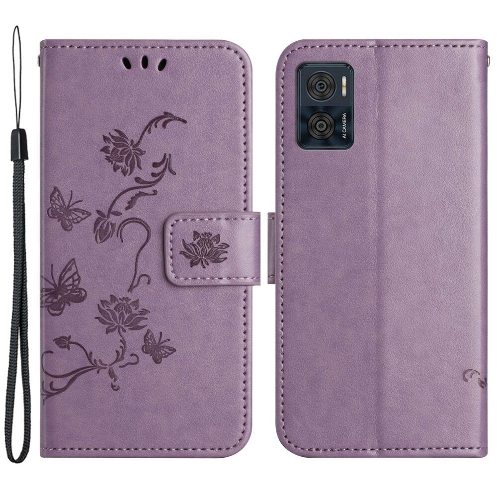 Motorola Moto E22i Leather Cover Imprinted Butterflies Purple