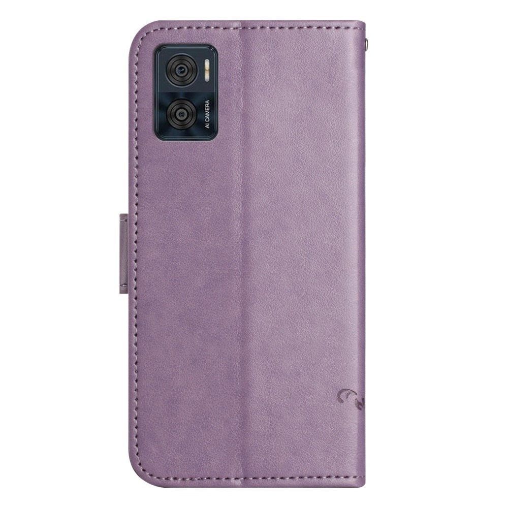 Motorola Moto E22i Leather Cover Imprinted Butterflies Purple