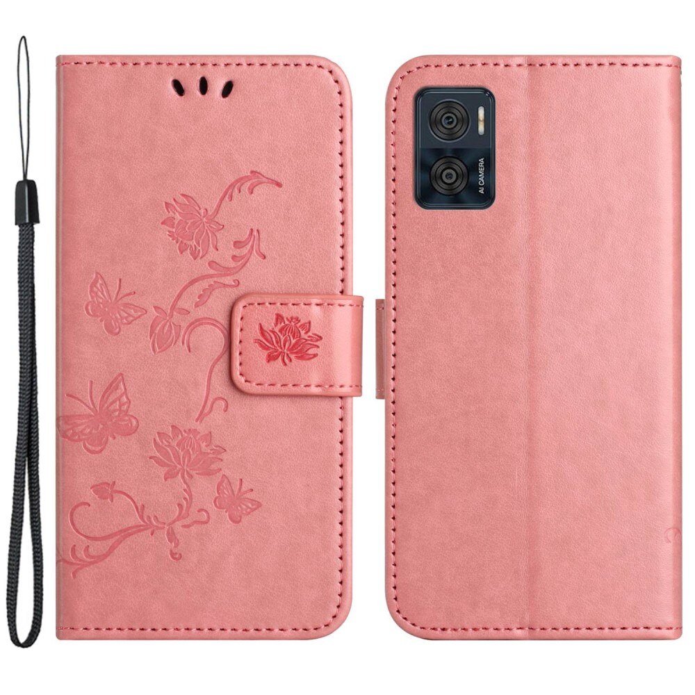 Motorola Moto E22i Leather Cover Imprinted Butterflies Pink