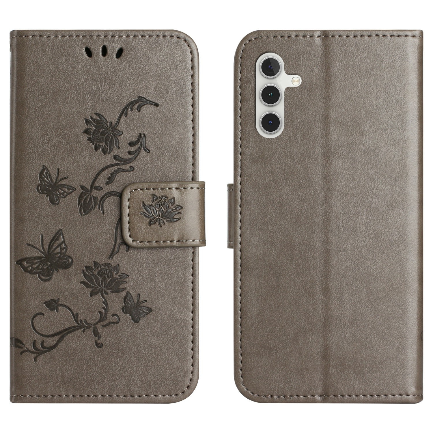 Samsung Galaxy A17 Leather Cover Imprinted Butterflies Grey