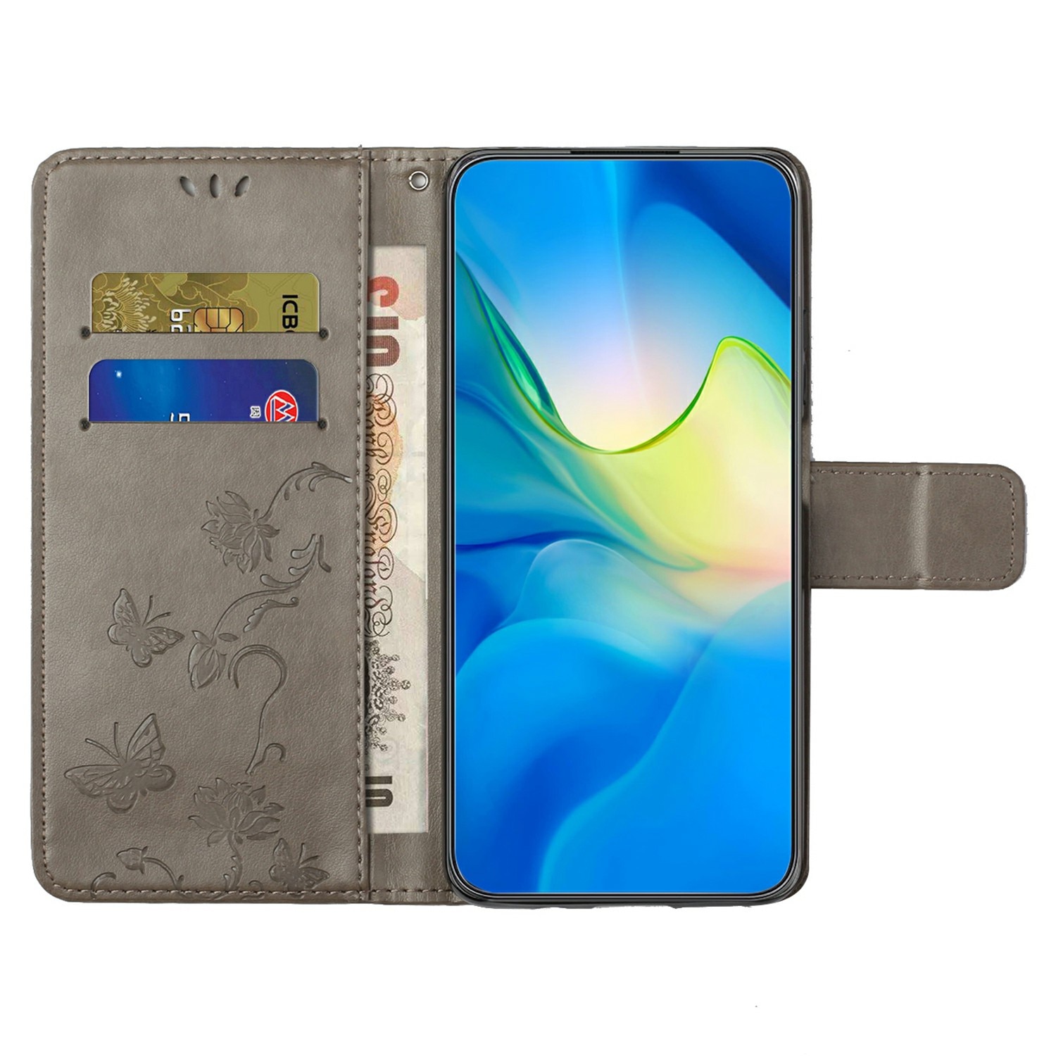 Samsung Galaxy A17 Leather Cover Imprinted Butterflies Grey