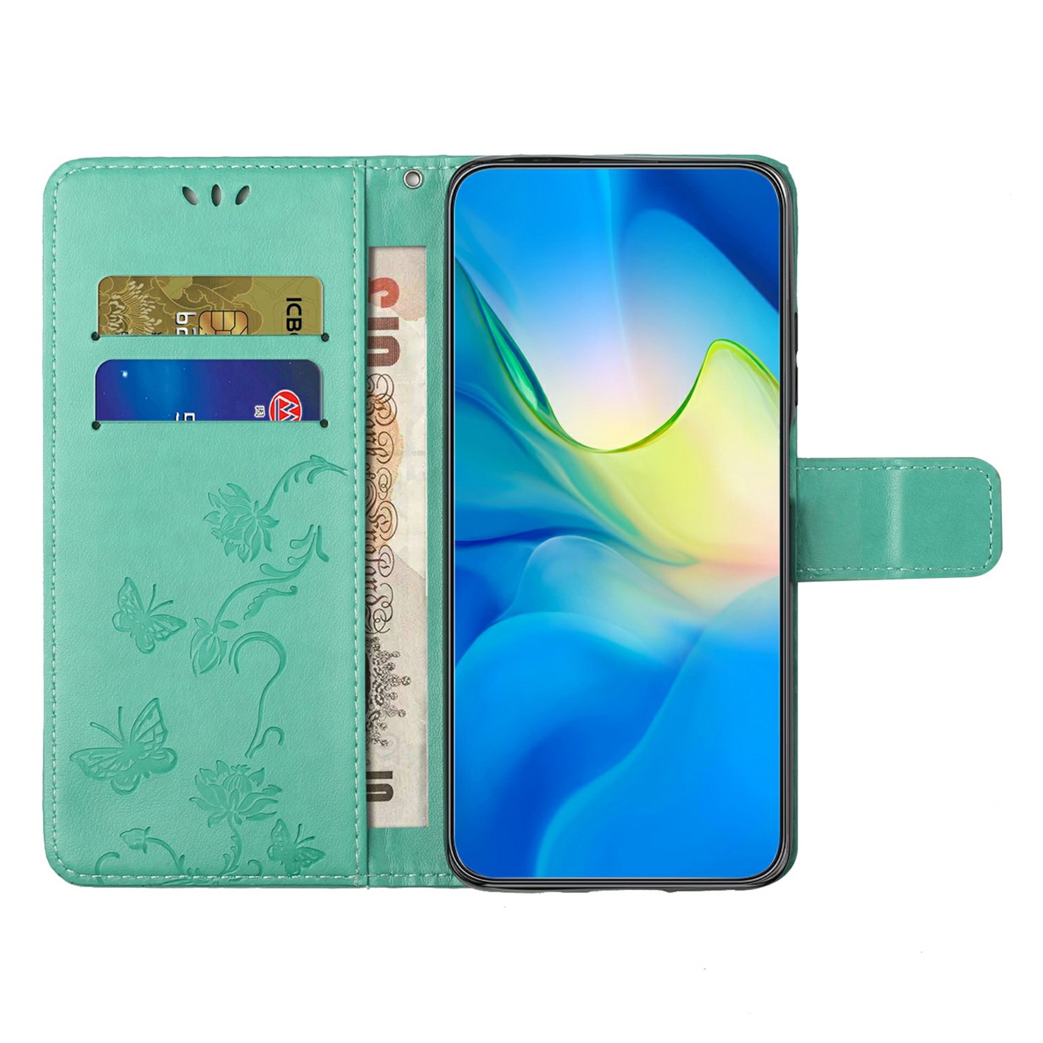 Samsung Galaxy A17 Leather Cover Imprinted Butterflies Green
