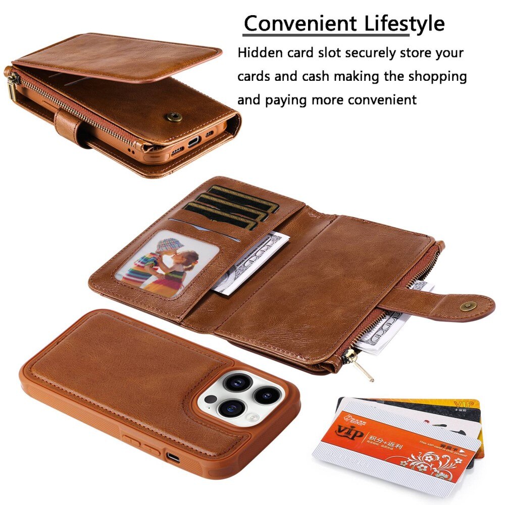 iPhone 14 Pro Magnet Leather Multi Wallet Brown