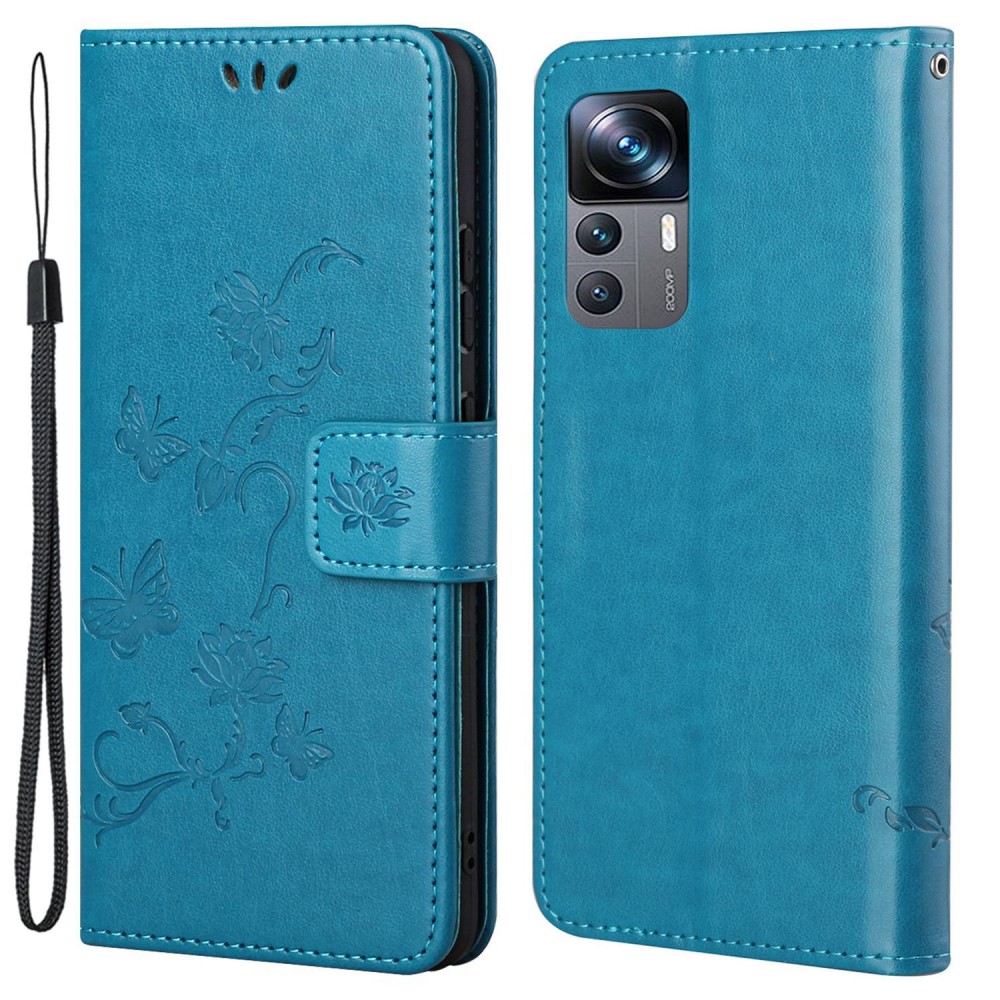 Xiaomi 12T/12T Pro Leather Cover Imprinted Butterflies Blue