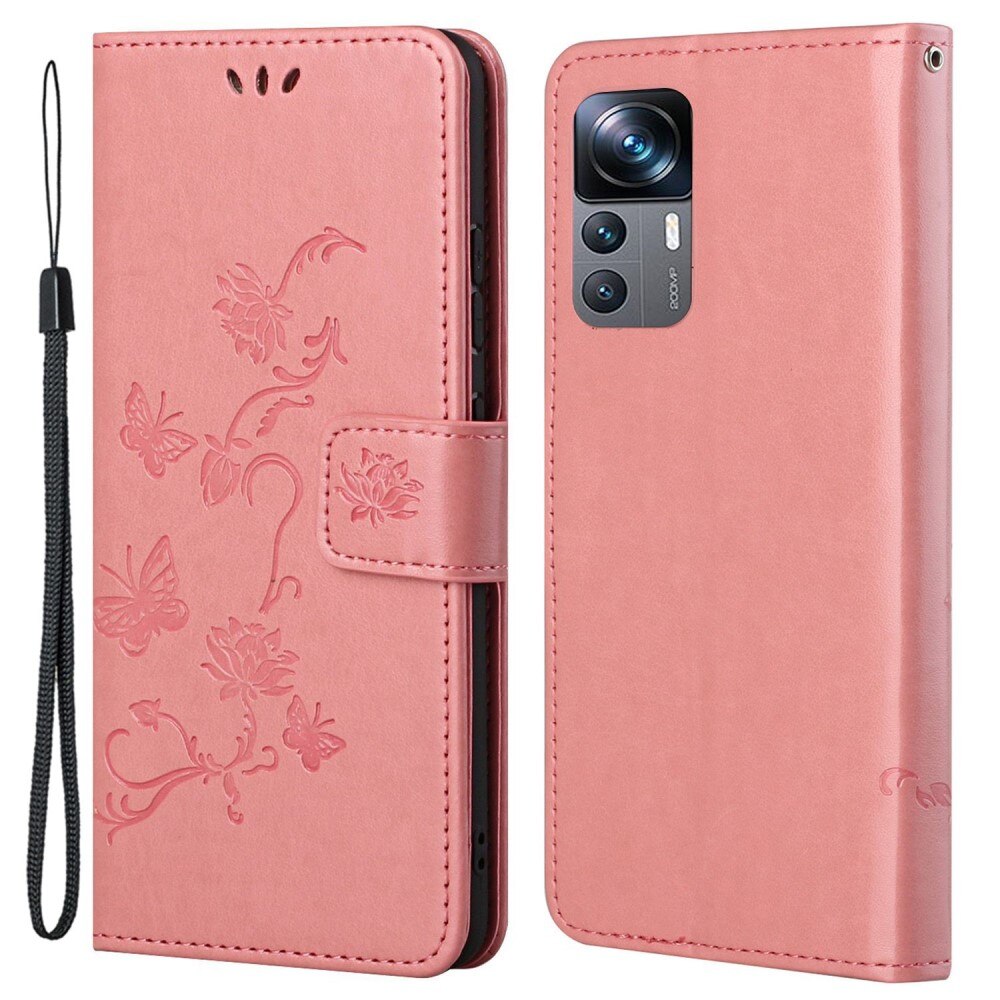 Xiaomi 12T/12T Pro Leather Cover Imprinted Butterflies Pink