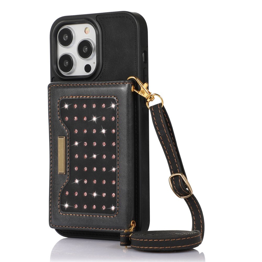 Glitter case with wallet iPhone 14 Pro Black