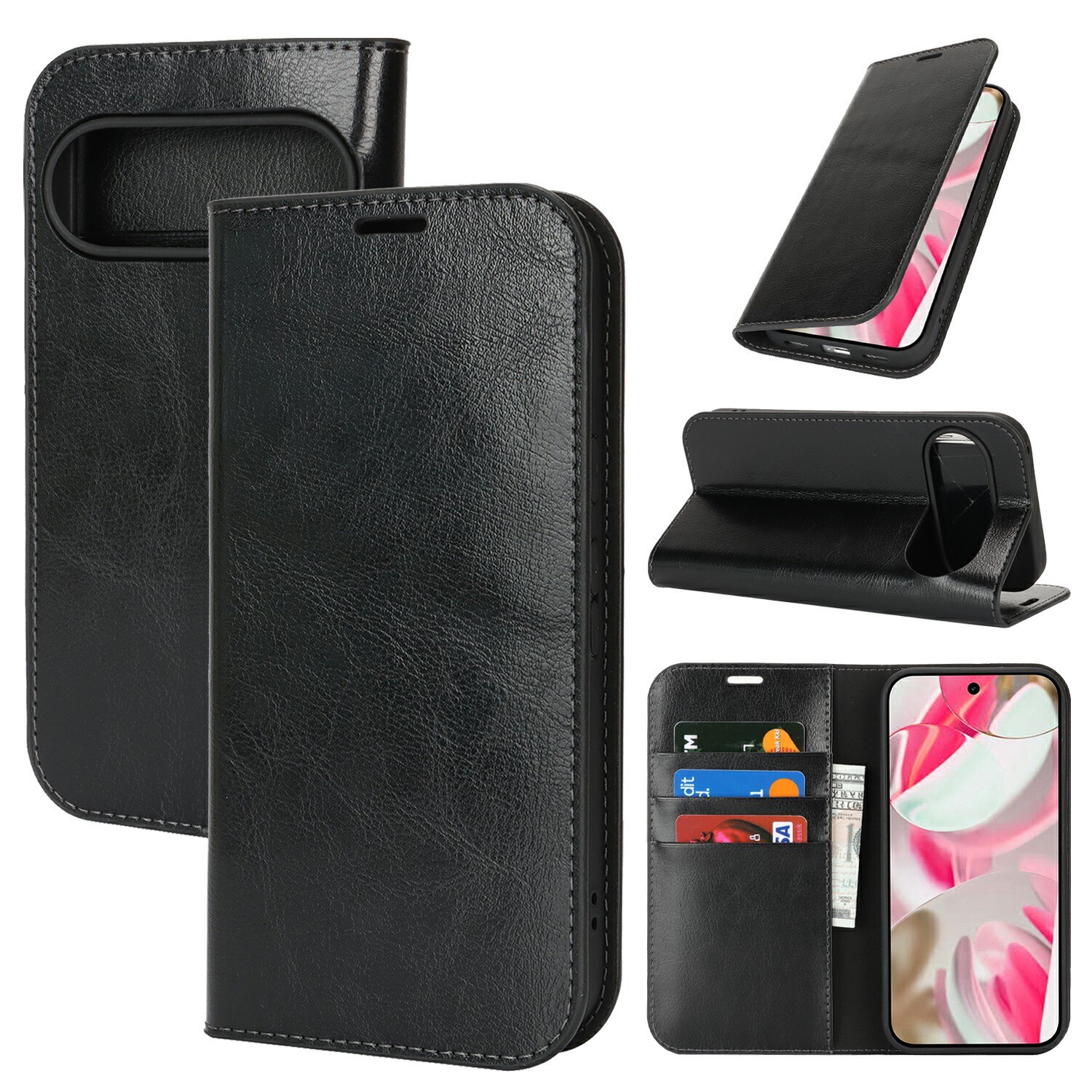 Google Pixel 10 Pro Genuine Leather Wallet Case Black