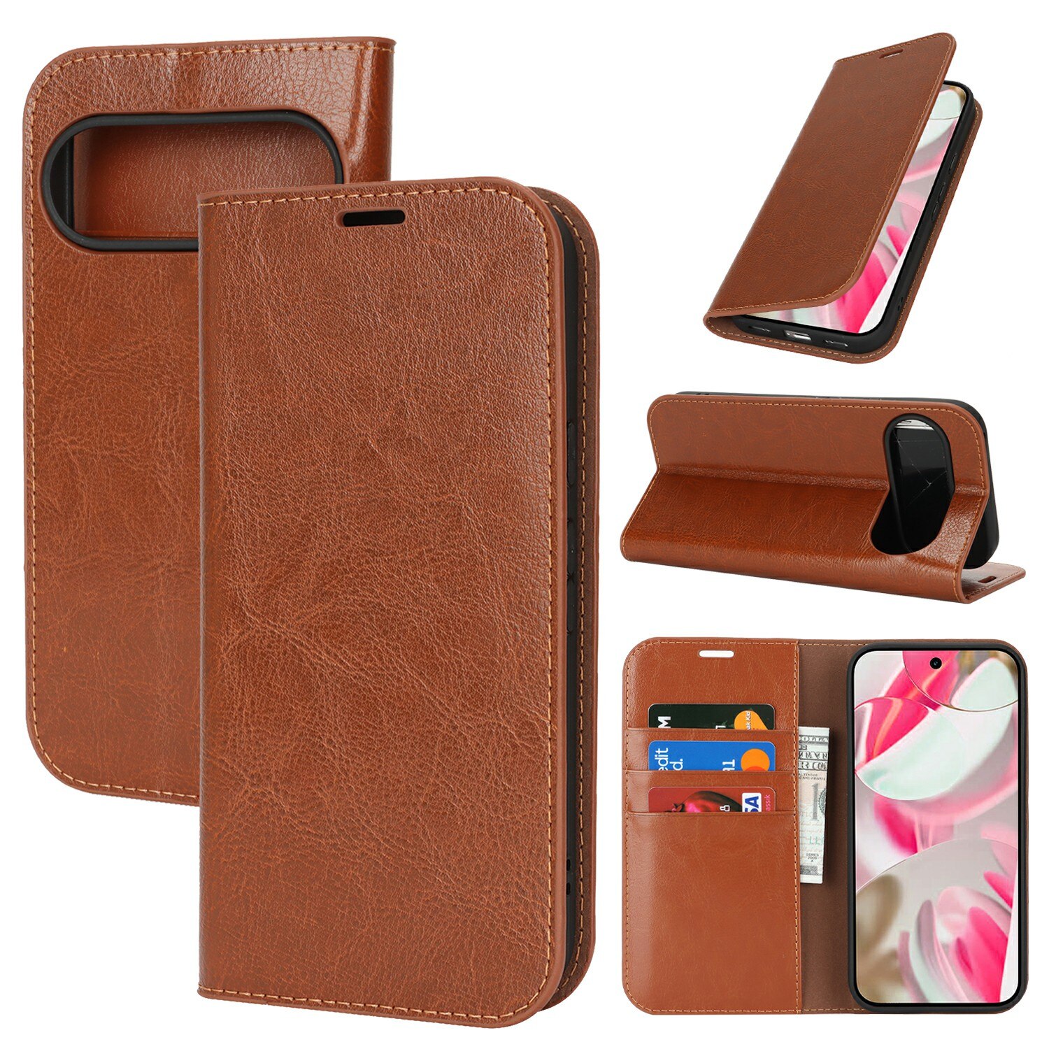 Google Pixel 10 Pro Genuine Leather Wallet Case Brown