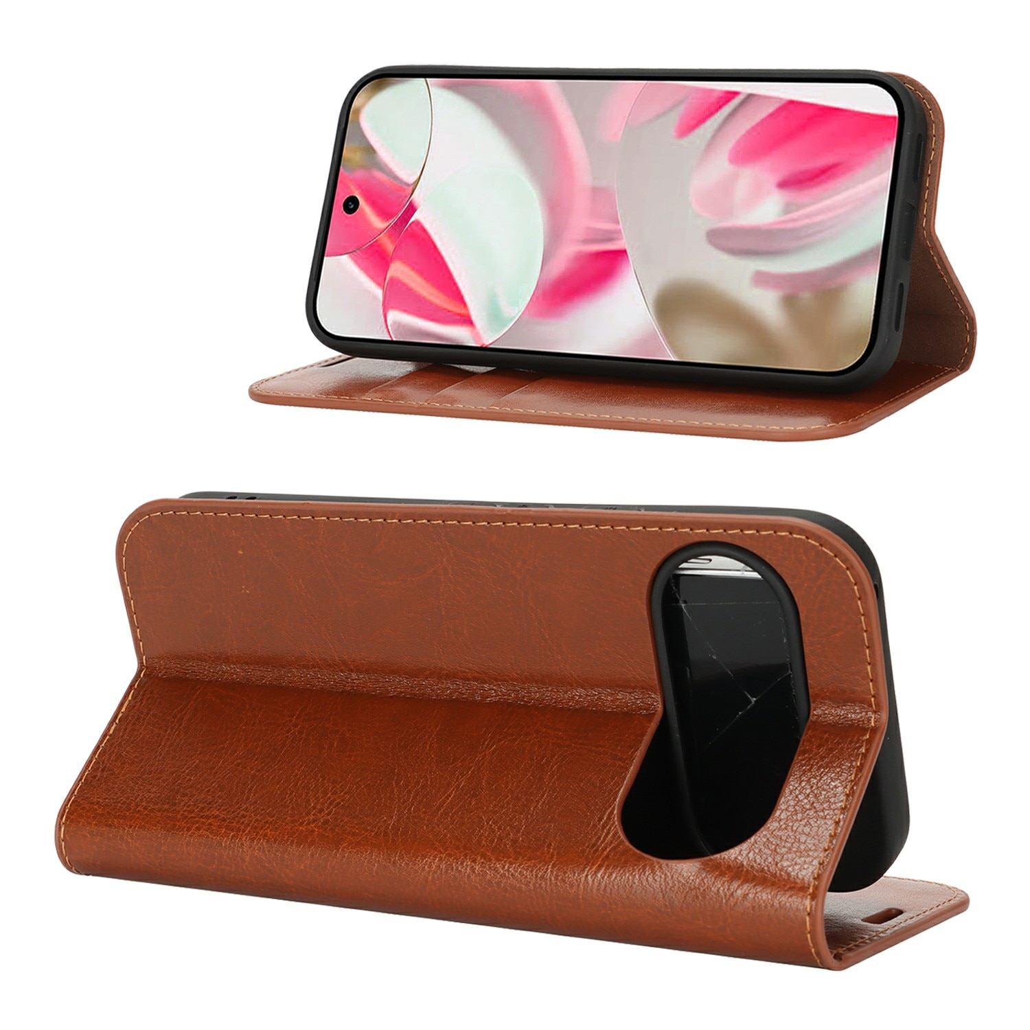 Google Pixel 10 Pro Genuine Leather Wallet Case Brown