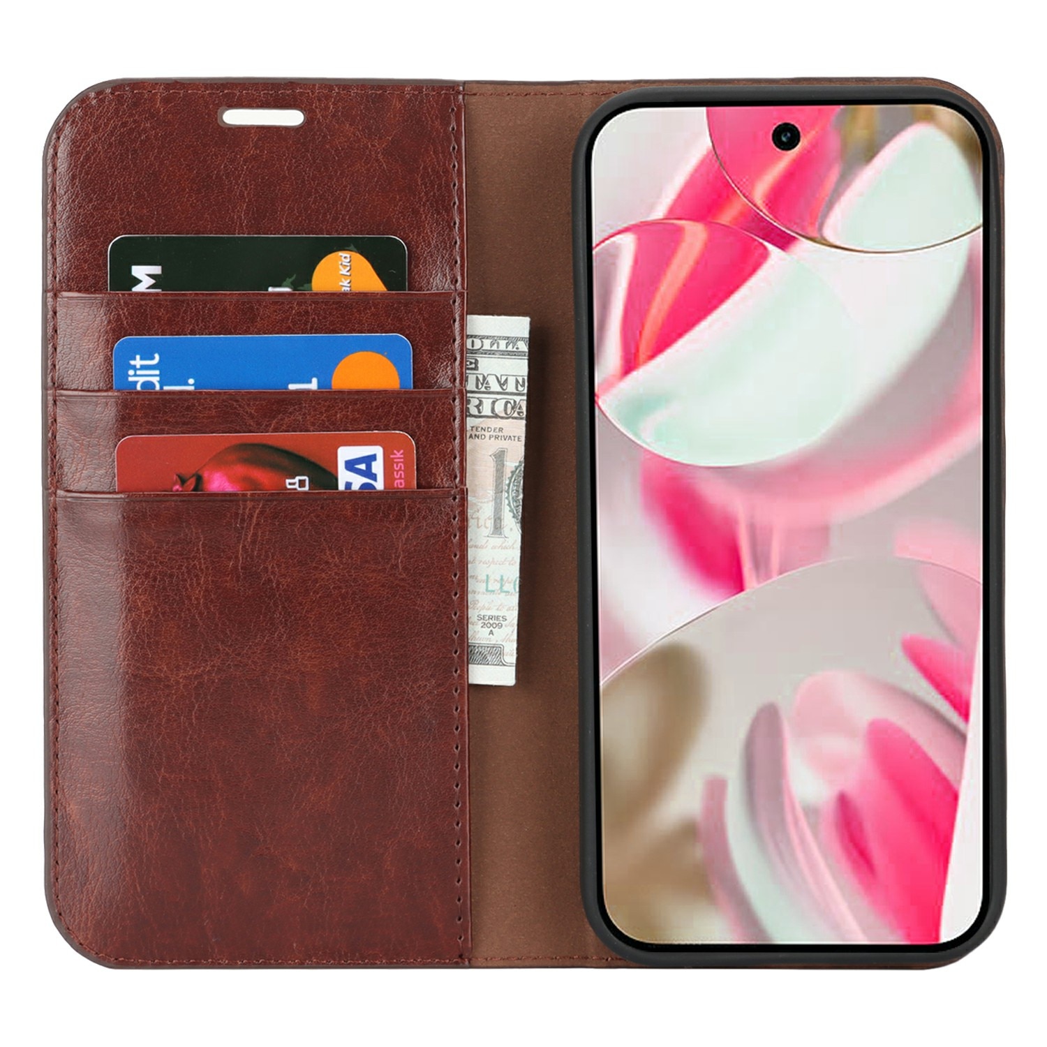 Google Pixel 10 Pro Genuine Leather Wallet Case Dark Brown