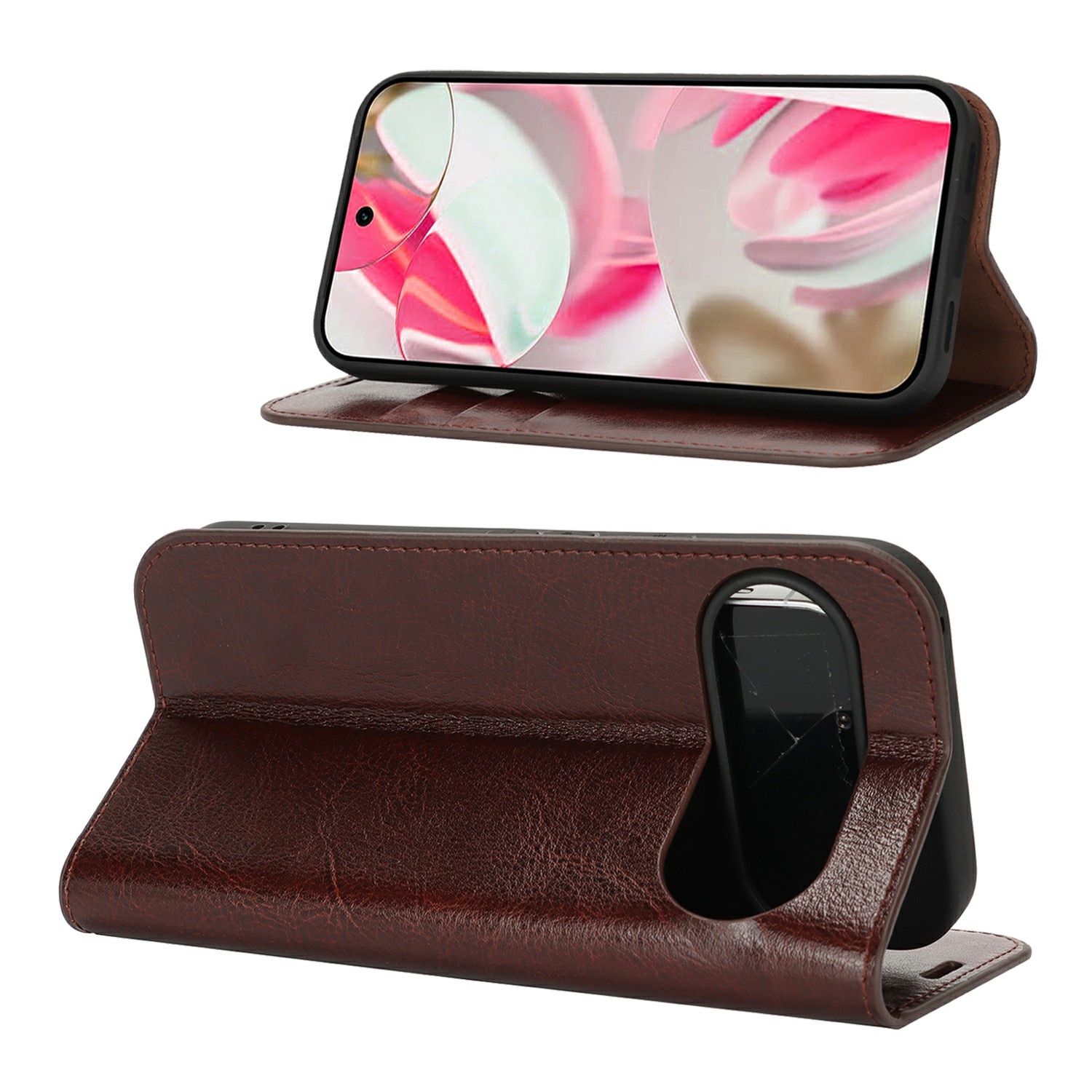 Google Pixel 10 Pro Genuine Leather Wallet Case Dark Brown