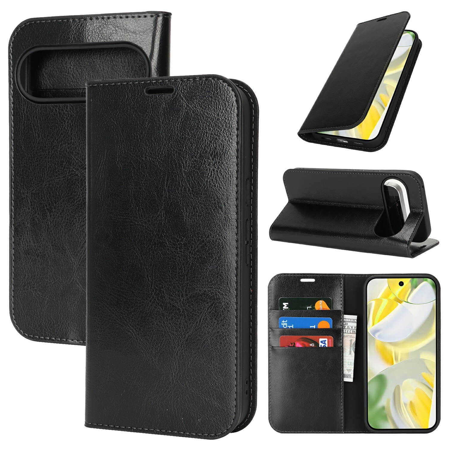 Google Pixel 10 Pro XL Genuine Leather Wallet Case Black