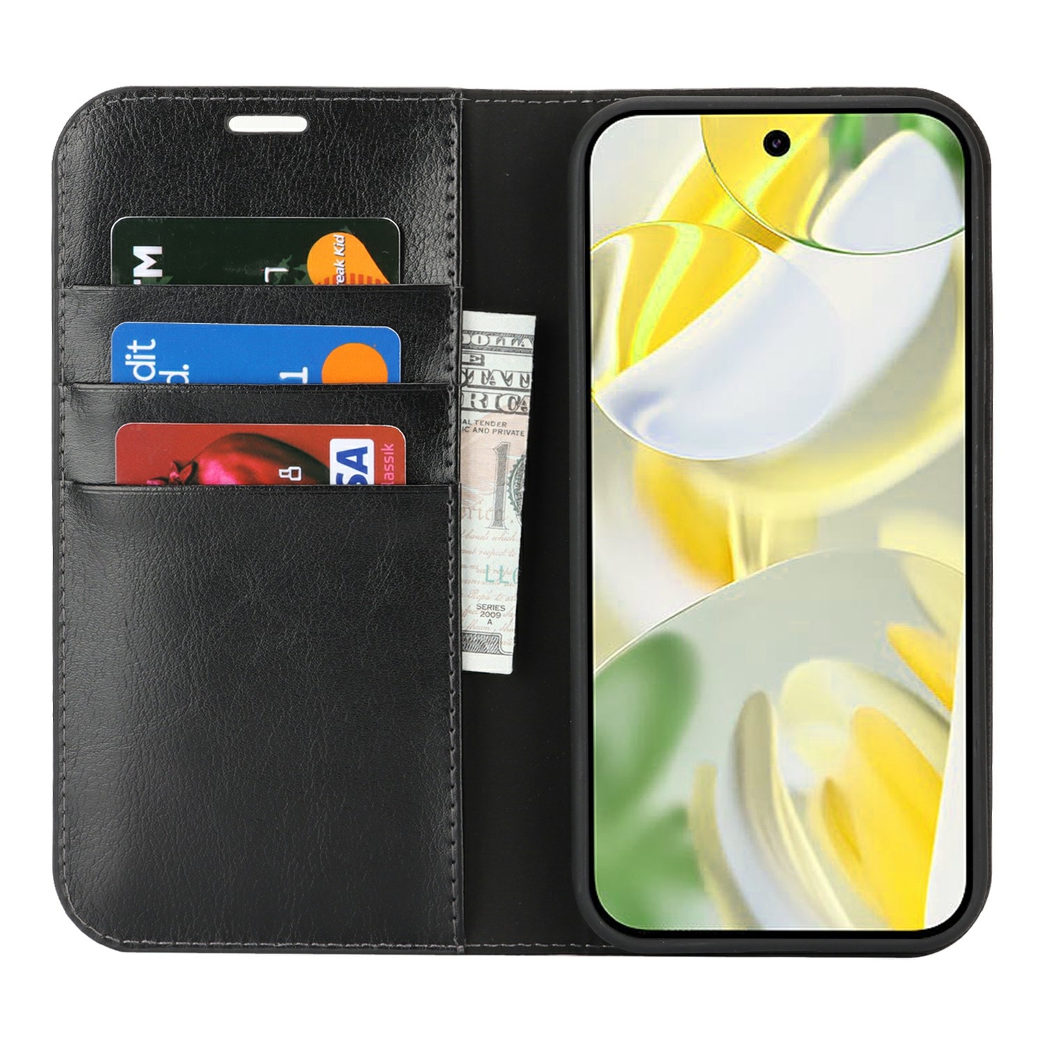 Google Pixel 10 Pro XL Genuine Leather Wallet Case Black